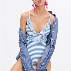 J.Crew Pale Blue & White Striped Juliette One Piece Swimsuit Sz 10